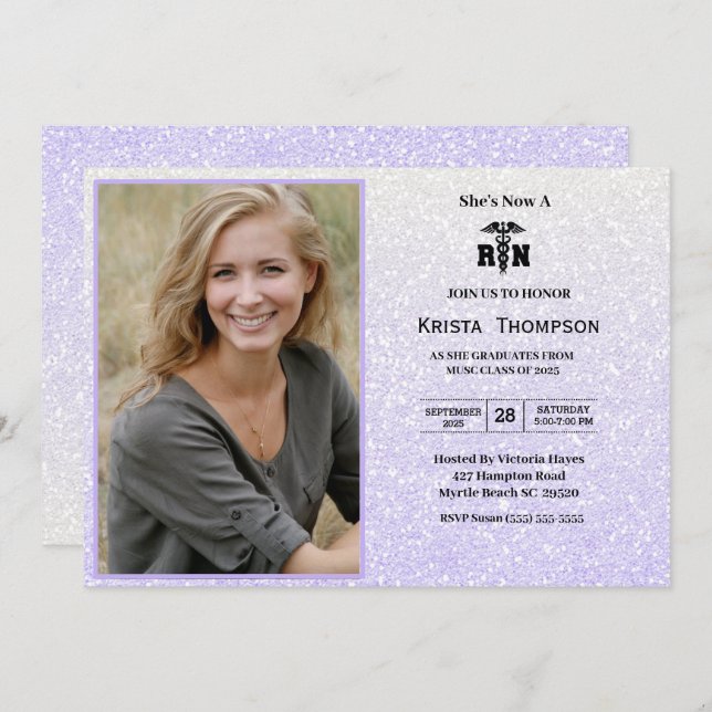    RN  Graduation Party Photo Purple Glitter  Invitation (Front/Back)