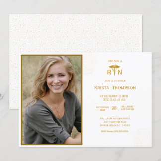 RN Graduation Party Photo White Gold Invitation