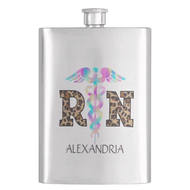 "RN" in Leopard Print- Colourful Medical Logo Hip Flask (Front)