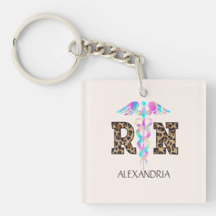 "RN" in Leopard Print- Colourful Medical Logo Key Ring