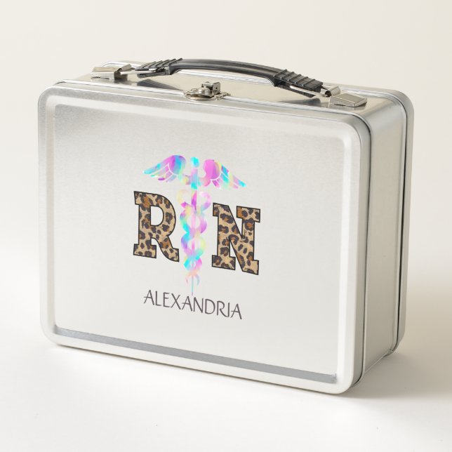 "RN" in Leopard Print- Colourful Medical Logo Metal Lunch Box (Front)