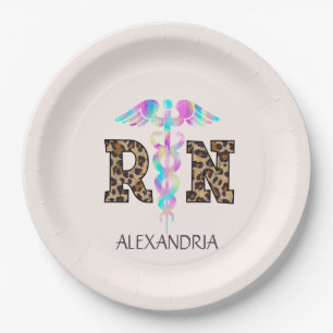 "RN" in Leopard Print- Colourful Medical Logo Paper Plate