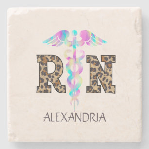 "RN" in Leopard Print- Colourful Medical Logo Stone Coaster