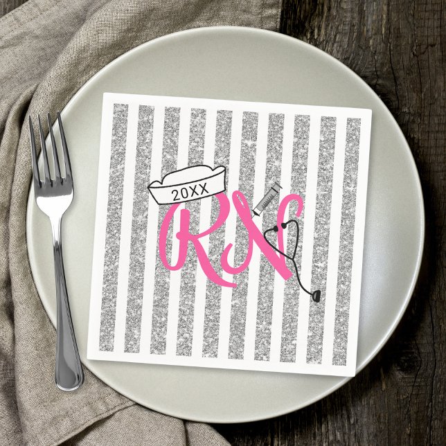 RN nurse graduation party decor, pink silver Napkin (Creator Uploaded)