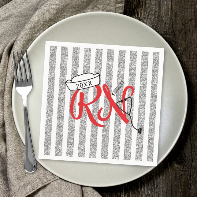 RN nurse graduation party decor, red silver Napkin (Creator Uploaded)