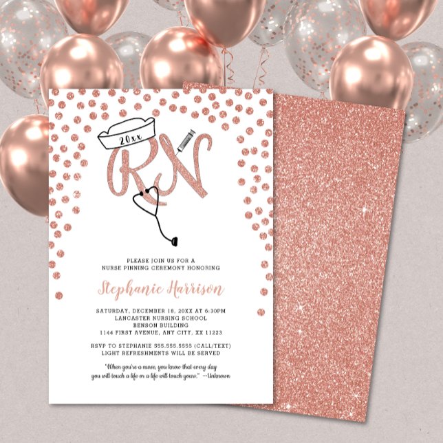 RN nurse graduation rose gold confetti pinning Invitation (Creator Uploaded)