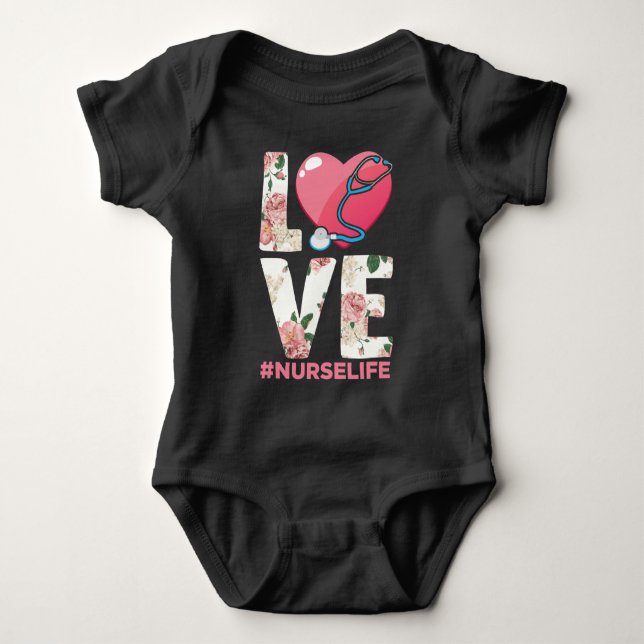 RN Nurse Life Flower Paramedic Stethoscope Heart Baby Bodysuit (Front)