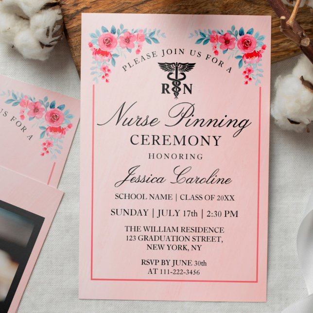 RN Nurse Pink Floral Pinning Ceremony With Flowers Invitation (Creator Uploaded)