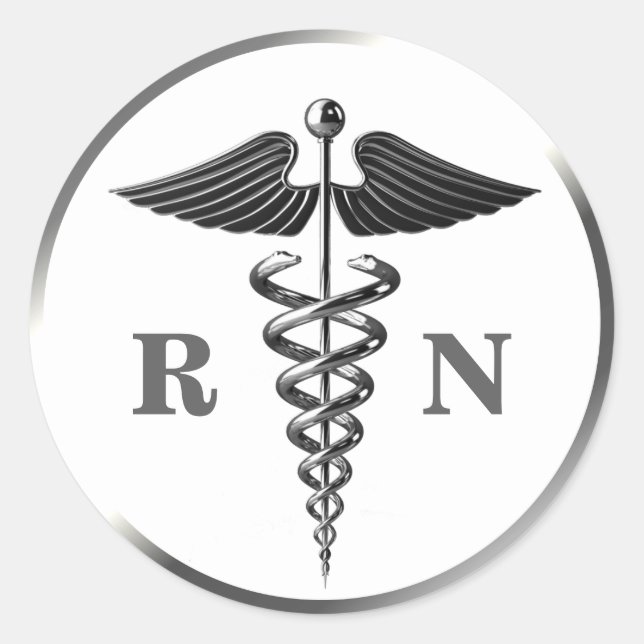 RN Nurse Silver Caduceus Symbol Medical Classic Round Sticker (Front)