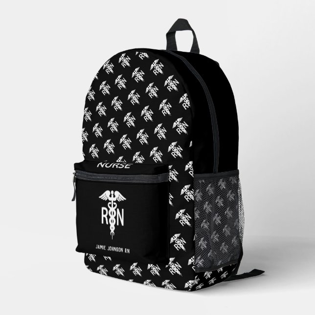 RN Nurse - White and Black Printed Backpack (Back Corner Right)