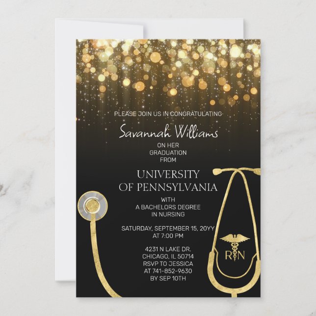 RN Nursing Gold Graduation Celebration Invitation (Front)