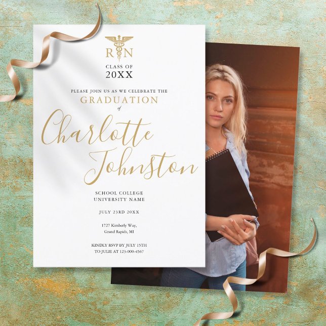 RN Nursing Gold Script Photo Graduation Party Invitation (Creator Uploaded)