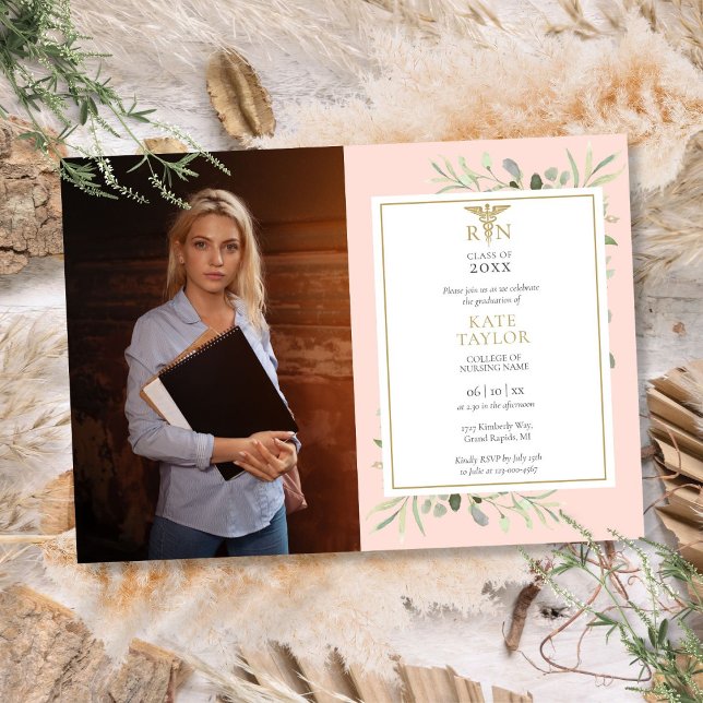 RN Nursing Graduation Blush Pink Foliage Photo Invitation (RN Nursing Graduation Blush Pink Foliage Photo Invitation)