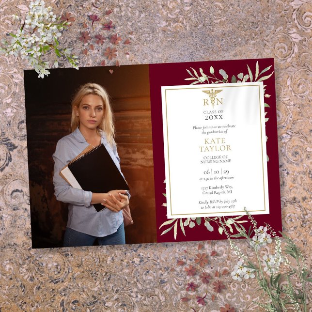 RN Nursing Graduation Burgundy Foliage Photo Invit Invitation (RN Nursing Graduation Burgundy Foliage Photo Invit Invitation)