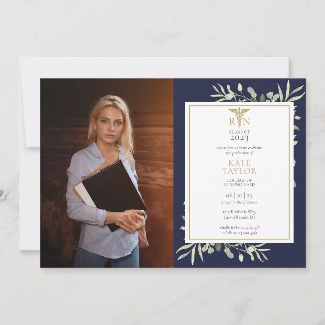RN Nursing Graduation Navy Blue Foliage Photo Invi Invitation (Front)