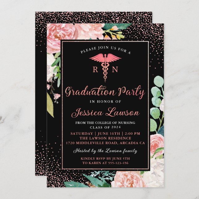 RN Nursing Graduation Party Rose Gold Floral Invitation (Front/Back)