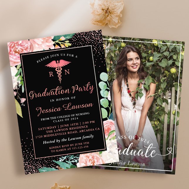 RN Nursing Graduation Party Rose Gold Floral Photo Invitation (Creator Uploaded)