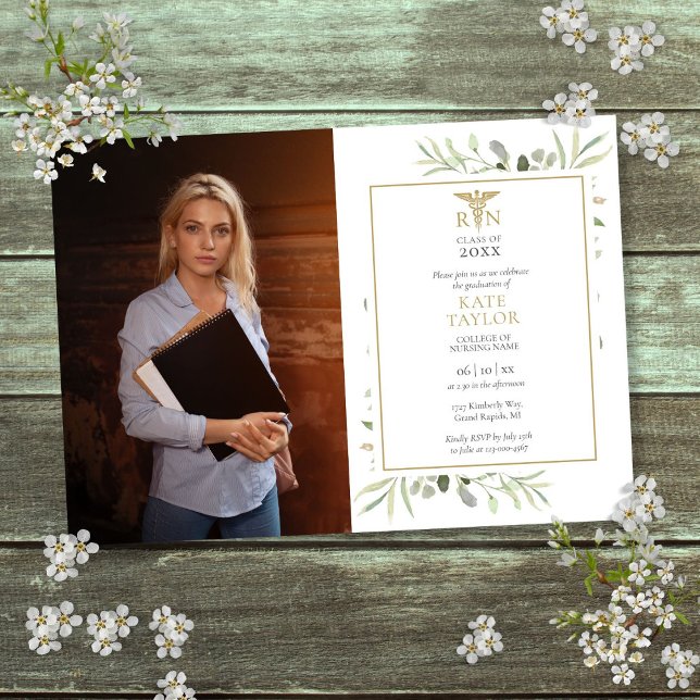 RN Nursing Graduation Watercolor Greenery Photo Invitation (RN Nursing Graduation Watercolor Greenery Photo Invitation)