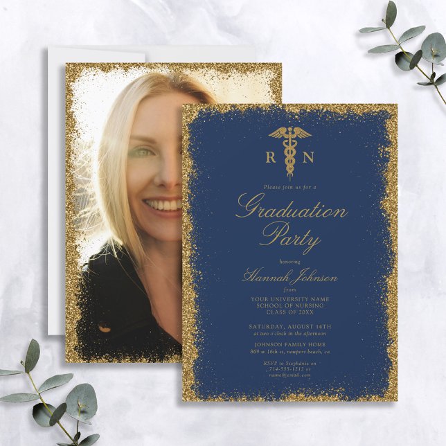 RN Nursing School Blue Gold Photo Graduation Invitation (Creator Uploaded)