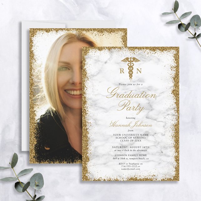 RN Nursing School Gold Marble Photo Graduation Invitation (Creator Uploaded)
