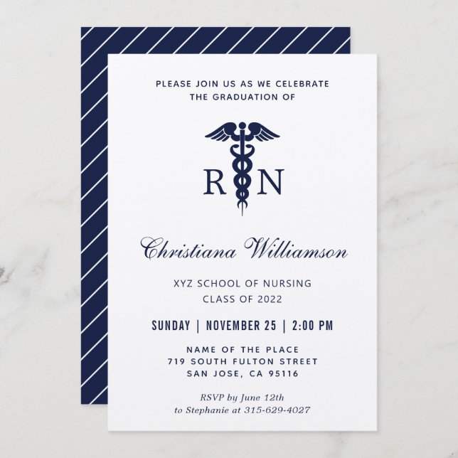 RN Registered Nurse Caduceus Minimalist Graduation Invitation (Front/Back)