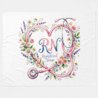 RN Registered Nurse Watercolor Floral Heart Fleece Blanket