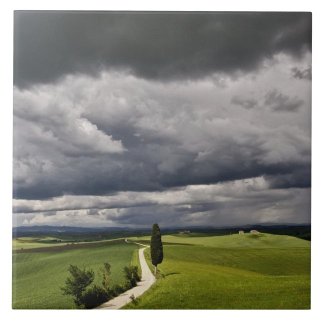 Road and storm clouds, rural Tuscany region, Tile (Front)