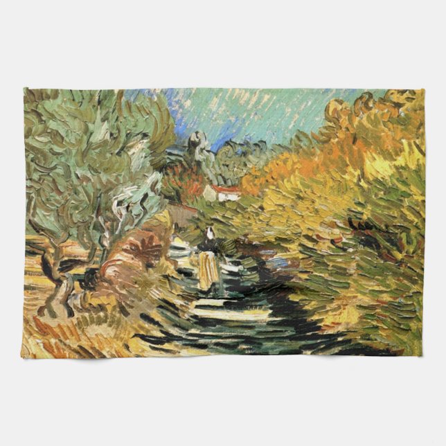 Road at St Remy with Figure by Vincent van Gogh Tea Towel (Horizontal)