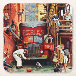 Road Block by Norman Rockwell Square Paper Coaster