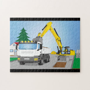 Road construction site with white trucks and yello jigsaw puzzle
