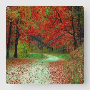 ROAD FOREST TREES BOTANICAL NATURE LANDSCAPE  SQUARE WALL CLOCK