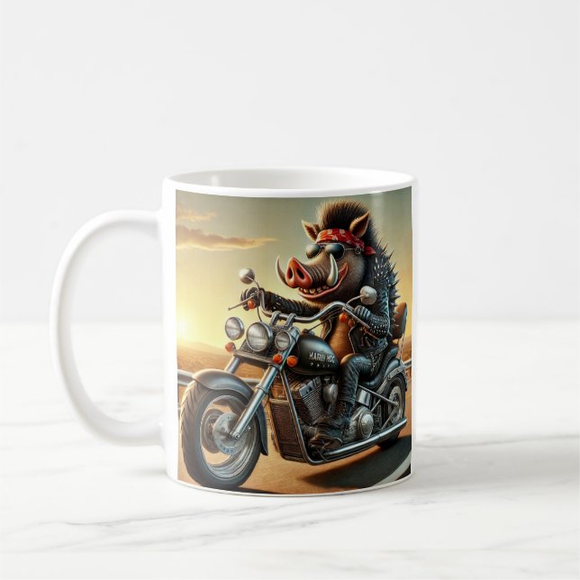 Road Hog Motorcycle Mug | Biker Pig Riding Chopper (Left)