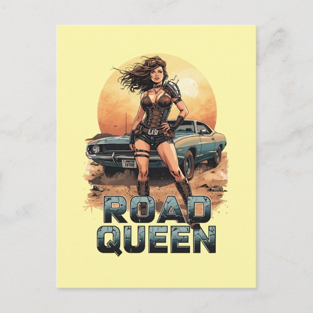 Road Queen – Post-Apocalyptic Pin-Up Warrior Postcard (Front)