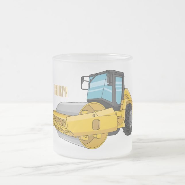 Road roller cartoon illustration frosted glass coffee mug (Center)