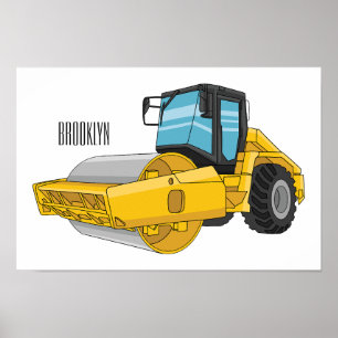 Road roller cartoon illustration poster