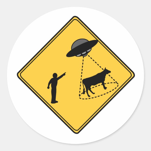 Road Sign- Cow and UFO Classic Round Sticker (Front)