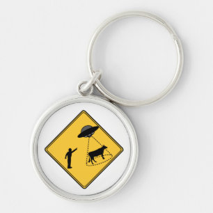 Road Sign- Cow and UFO Key Ring