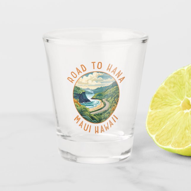 Road to Hana Maui Hawaii Retro Distressed Circle Shot Glass (Front)