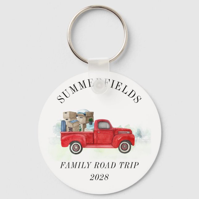 Road Trip Family Summer Vacation Red Truck Custom Key Ring (Front)