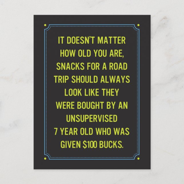 Road Trip Snacks Joke / Just for Fun Postcard (Front)