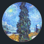 Road with Cypress and Star (1890) Van Gogh Art Classic Round Sticker<br><div class="desc">These exquisite and elegant stationery art paper stickers depict "Road with Cypress and Star, " a post-impressionist artwork by Vincent Van Gogh, that was created in 1890. Van Gogh's blue night, starry sky paintings have a timeless allure thanks to his expressive, natural brushstrokes. "Road with Cypress and Star”, an oil...</div>