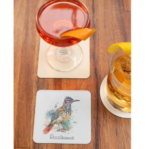 Roadrunner in vibrant watercolor glass coaster