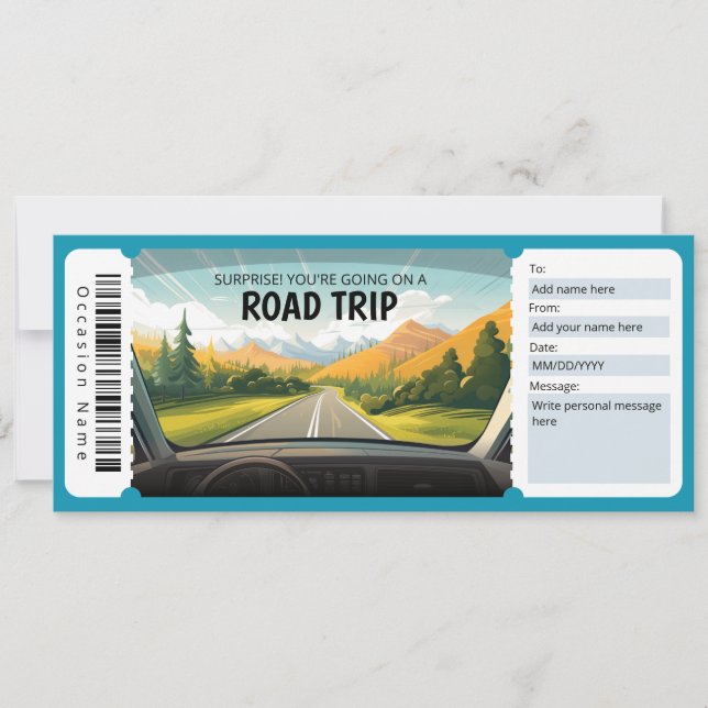 Roadtrip Gift Certificate, Road Trip Gift Invitation (Front)
