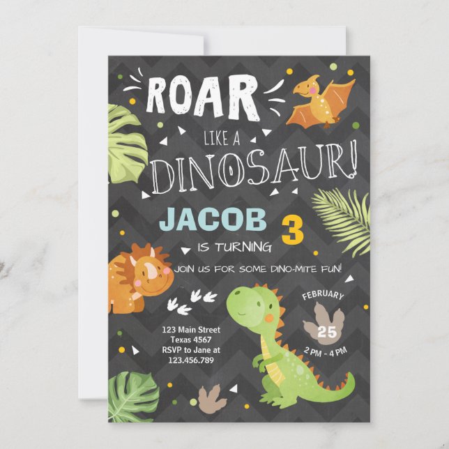 Roar Dinosaur birthday invitation Dino Party Boy (Front)