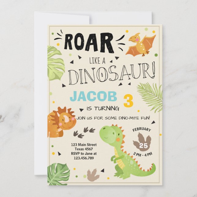Roar Dinosaur birthday invitation Dino Party Boy (Front)