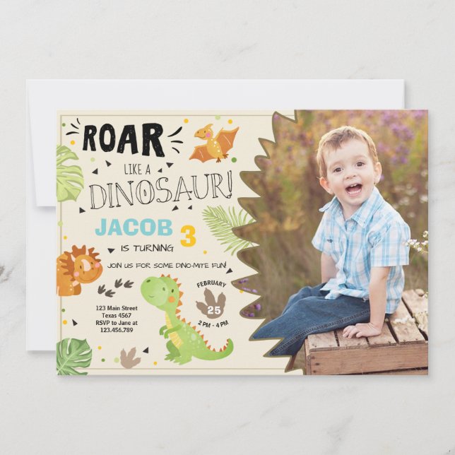 Roar Dinosaur birthday invitation Dino Party Boy (Front)