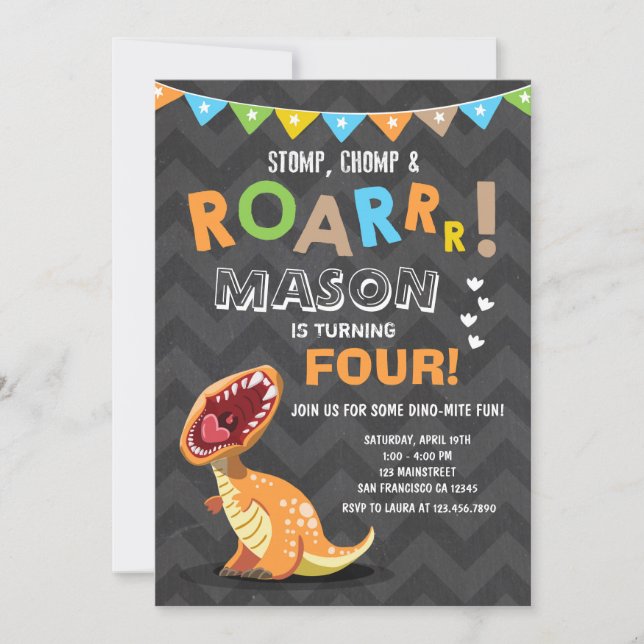 ROAR Dinosaur Dino Birthday Party Invitation (Front)