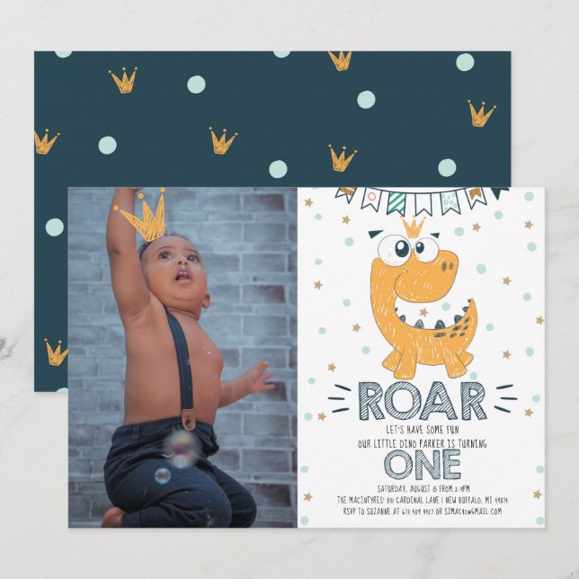ROAR Dinosaur First Birthday Photo Invitation (Front/Back)