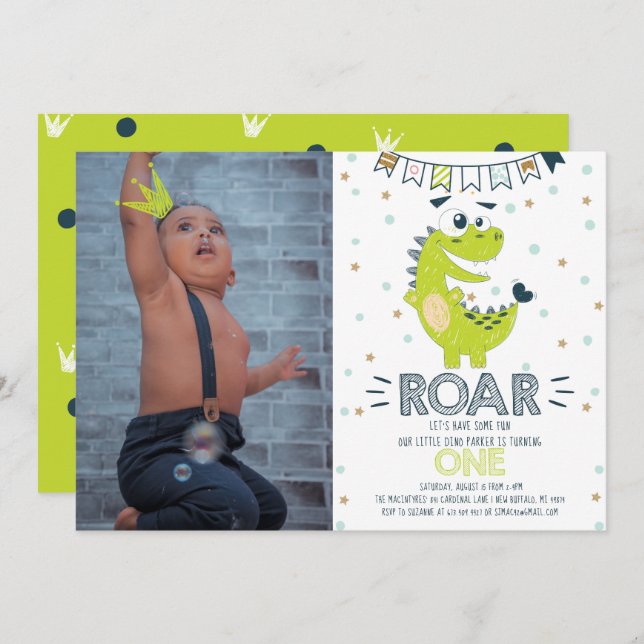 ROAR Dinosaur First Birthday Photo Invitation (Front/Back)