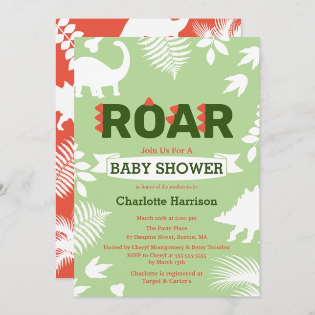 Roar Dinosaur & Jungle Foliage Baby Shower Invitation (Front/Back)